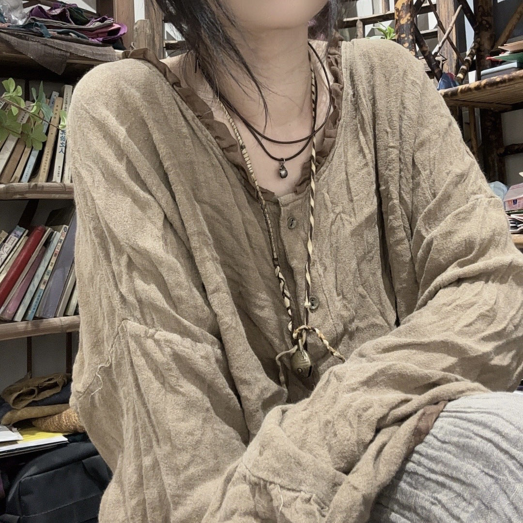 2025 24/4 SN41 literary and retro long-sleeved linen cotton smoked color craft fried old contrasting color lace neck cardigan shirt