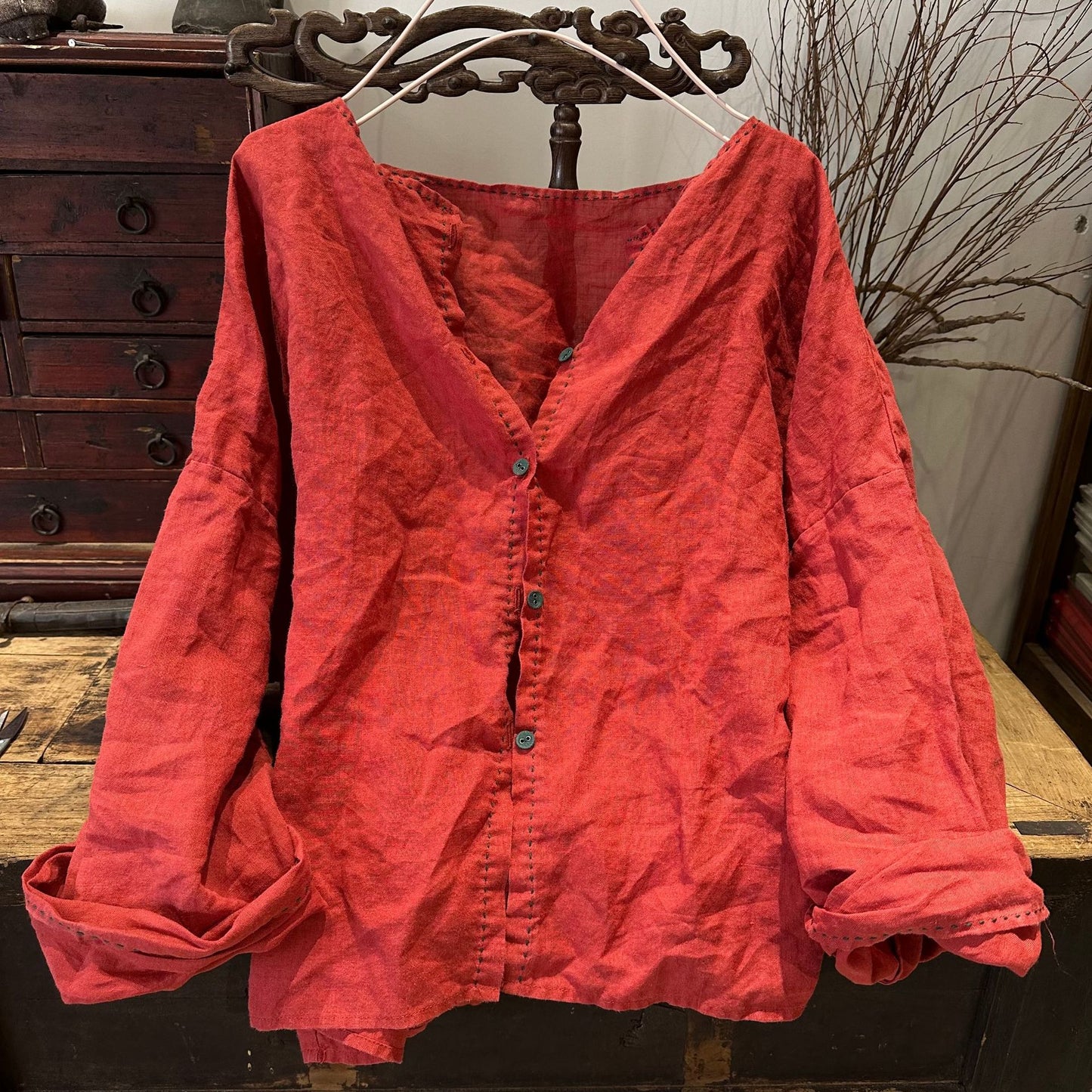 2025 22/12 Xiaoqiu, early spring literary and retro ramie cardigan collarless button-down shoulder shirt