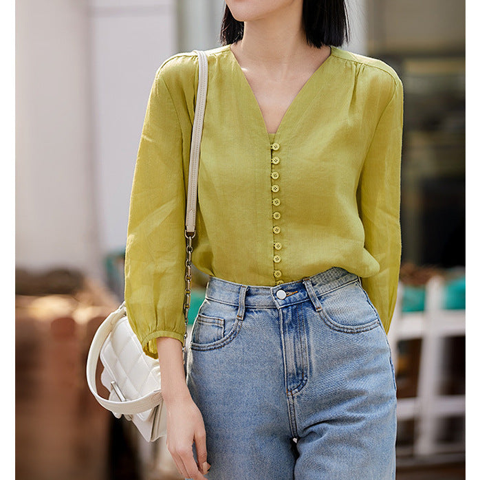 2025 Breathing ramie shirt, four-color nine-point bubble-sleeved shirt, shirt summer new women's top