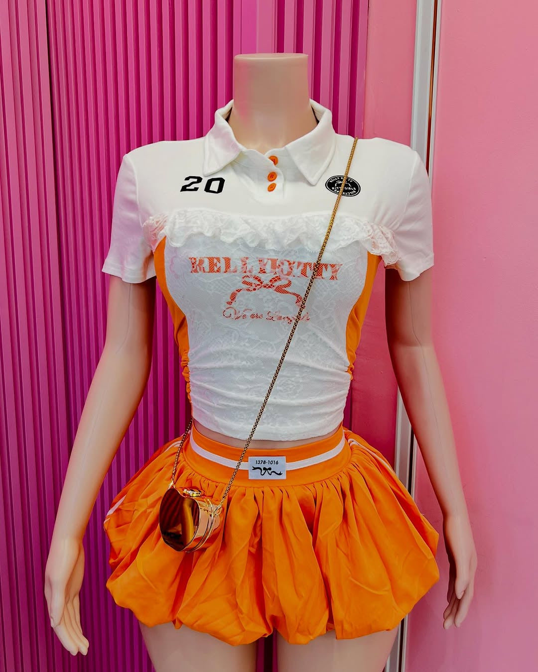 summer New lace letter printing button-down top waist fluffy miniskirt suit women