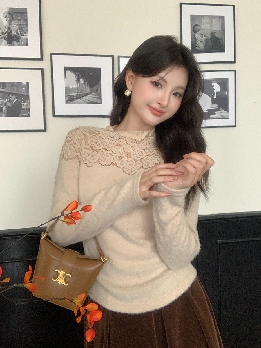 2025 popular autumn and winter new temperament round neck lace polished bottoming shirt women's versatile top tide 89129