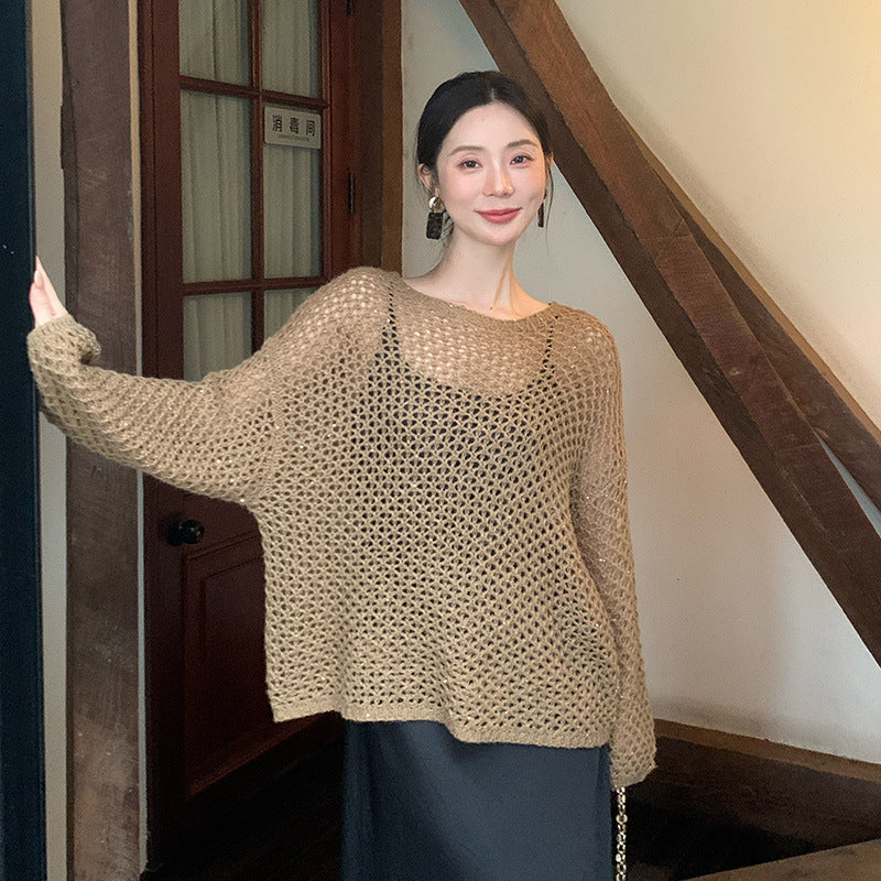 2025 popular autumn loose long-sleeved hollow knitted sweater women's top oversize sweater 25064
