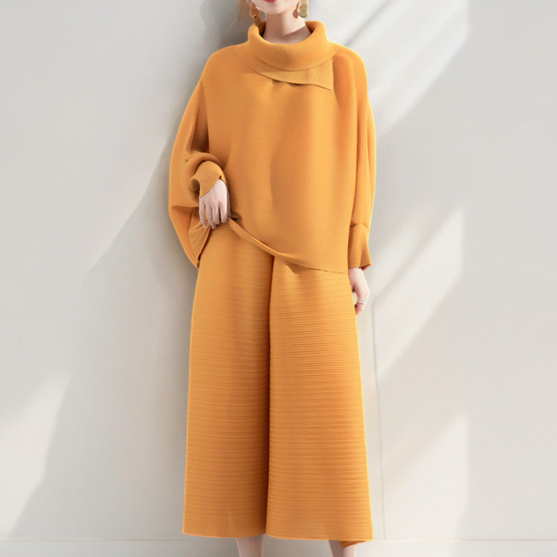 2025 suit spring and summer women's two-piece set slightly fat high-end women's bat-sleeved top loose seven-point casual pants tide