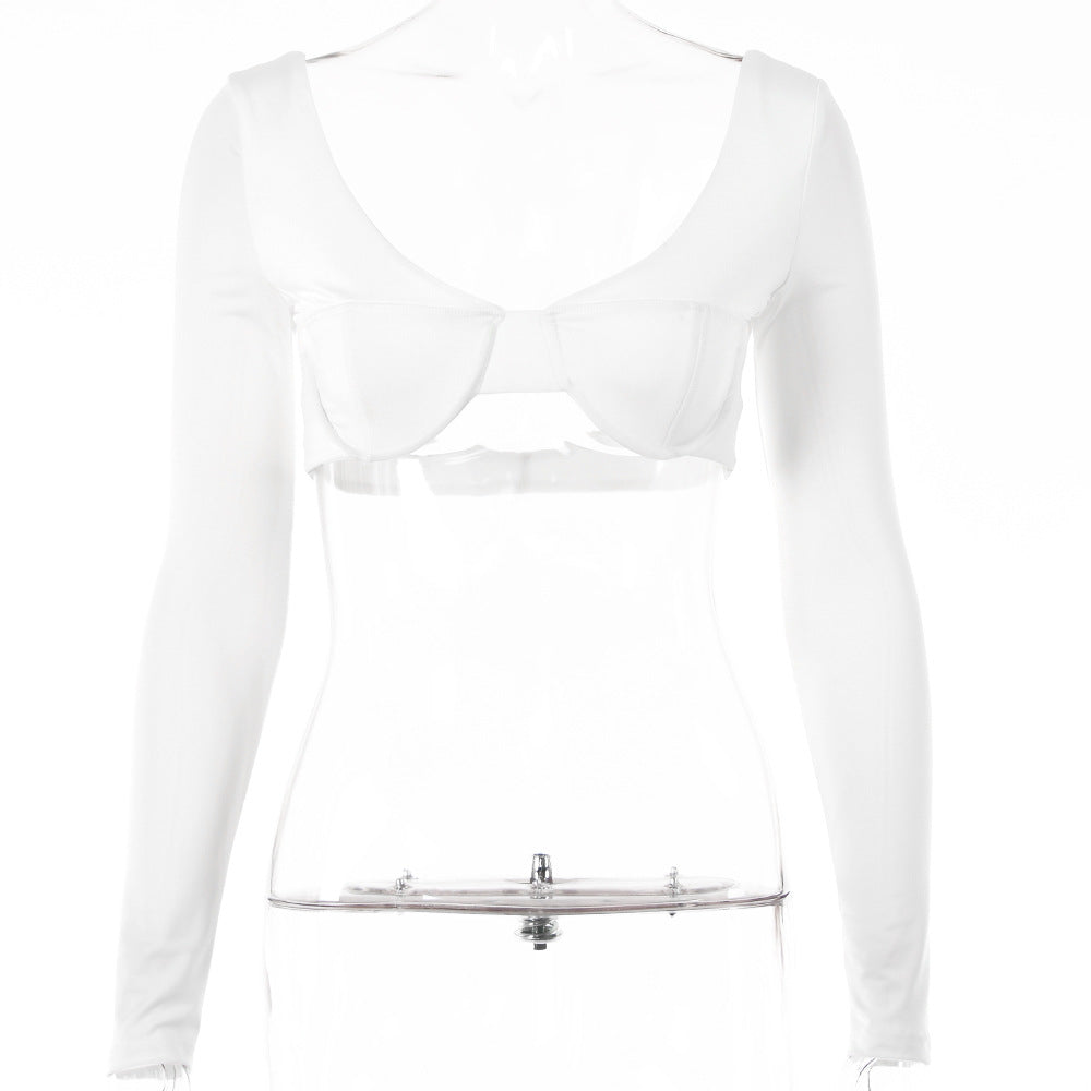 2025 sexy V-neck Spice Girls chest-wrapped T-shirt summer new solid color U-shaped backless long-sleeved navel top