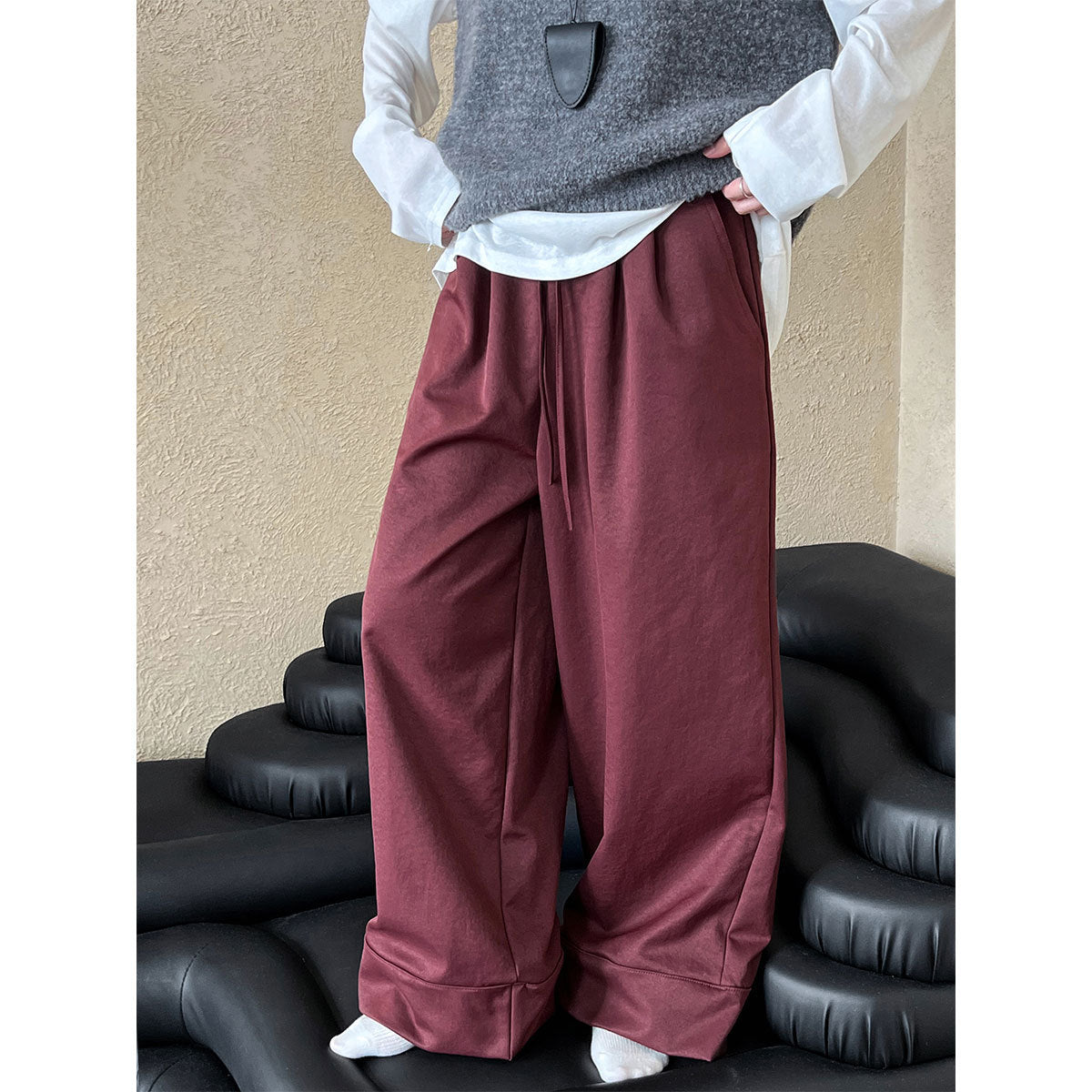 Luxi, simple drawstring big pants wide-leg pants women's popular autumn new elastic waist casual pants straight pants 1813