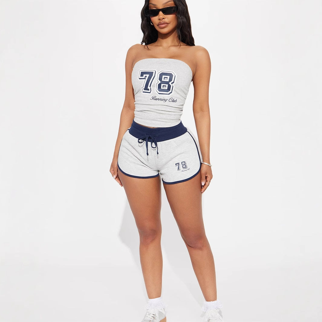 summer New casual n digital printed tube top waist-length lace-up shorts set