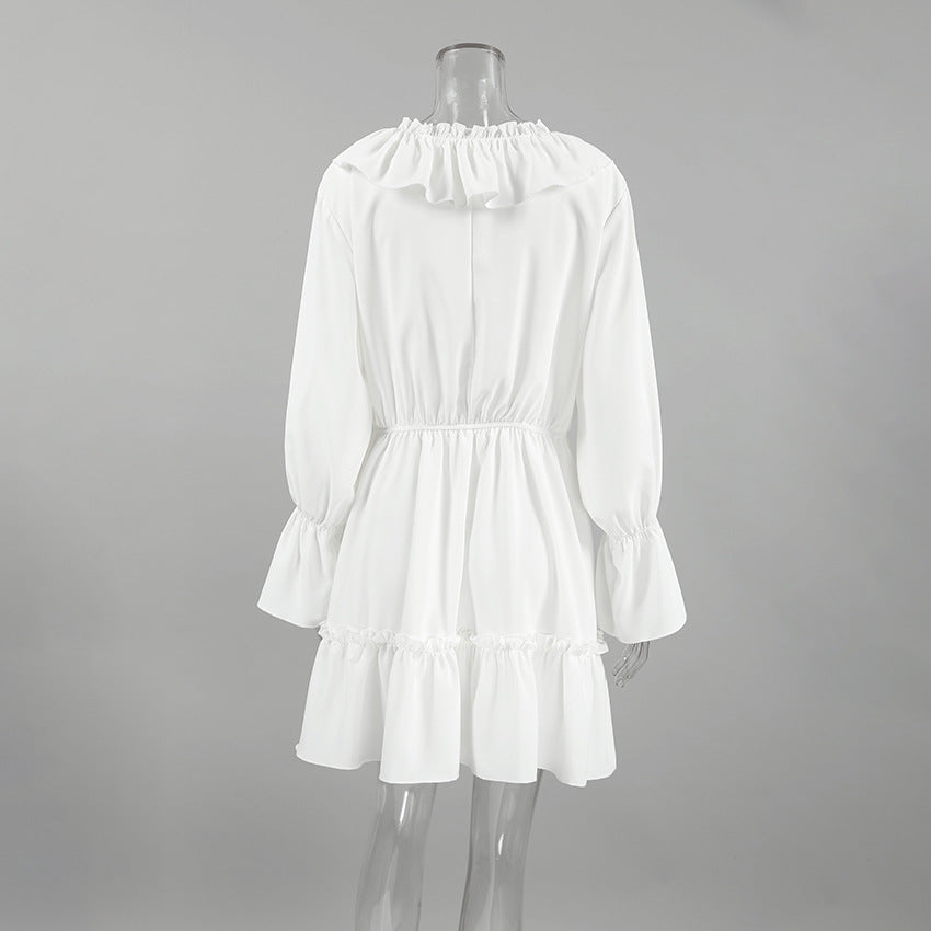 2025 Early autumn fashionable white chiffon sexy slim V-neck ruffle edge long-sleeved lace-up dress casual women's wholesale