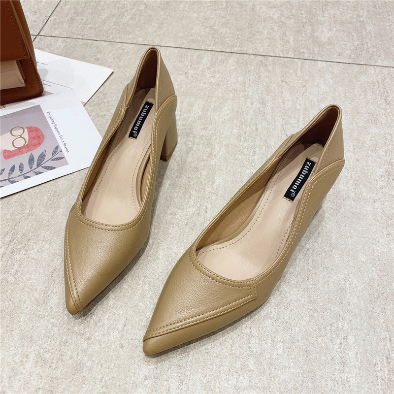 2025 555-1 pointed thick heel shallow mouth women's single shoes commuting simple professional work shoes daily comfort high heels women