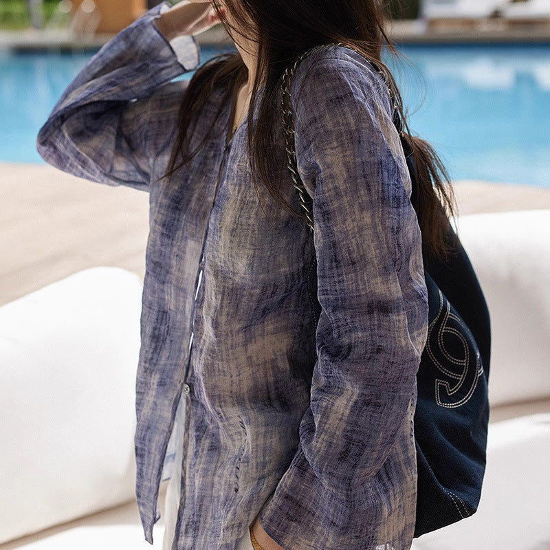 2025 100% ramie smudged small lining new Chinese casual shirt spring and summer printed shirt national style women's top