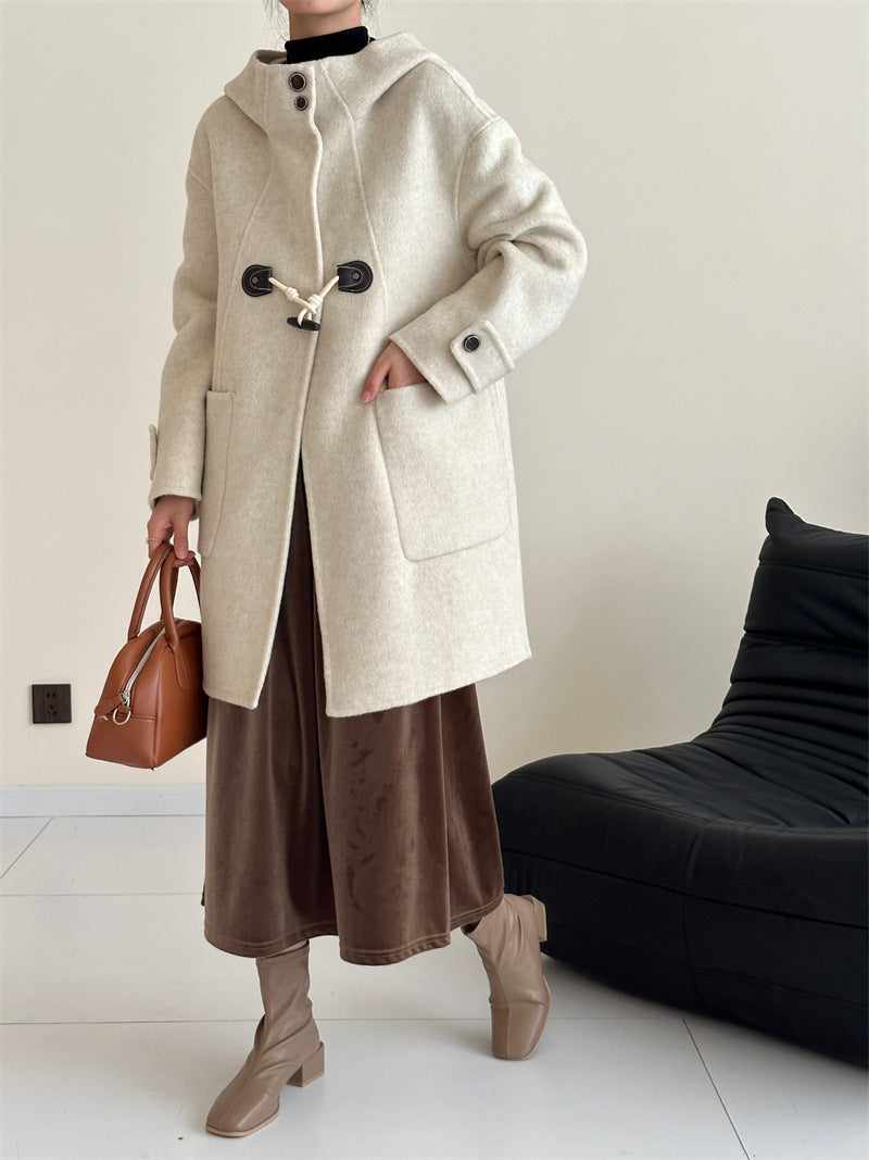 2025 Hooded single-row two-grain horn buckle shoulder sleeves solid color wool double-sided cashmere coat woolen jacket versatile autumn and winter