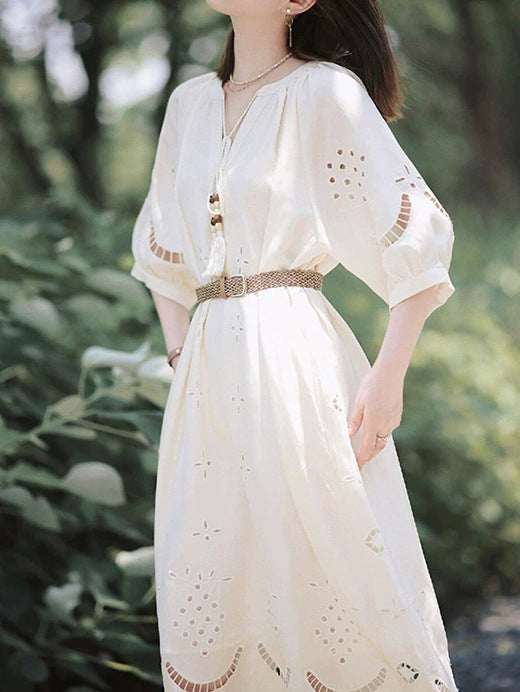 2025 gentle wind white hollow dress women's spring new bohemian niche design skirt
