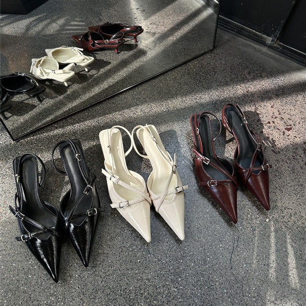 xiangtuibao Style Black Patent Leather High Heels Spring New European and American Elegant Socialite Closed Toe Back Empty Stiletto Sandals Women