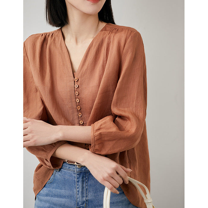 2025 Breathing ramie shirt, four-color nine-point bubble-sleeved shirt, shirt summer new women's top
