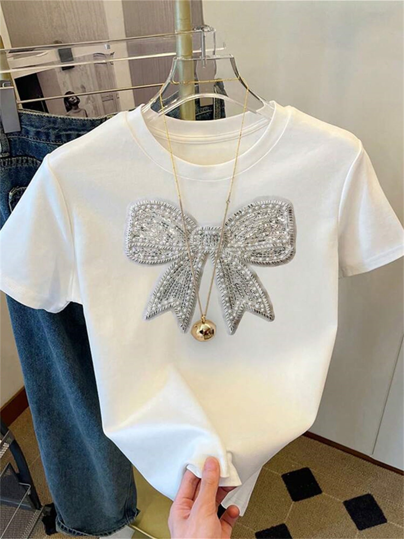 summer new women's clothing New Popular trade fashion casual commuting loose round neck bow printed T-shirt short