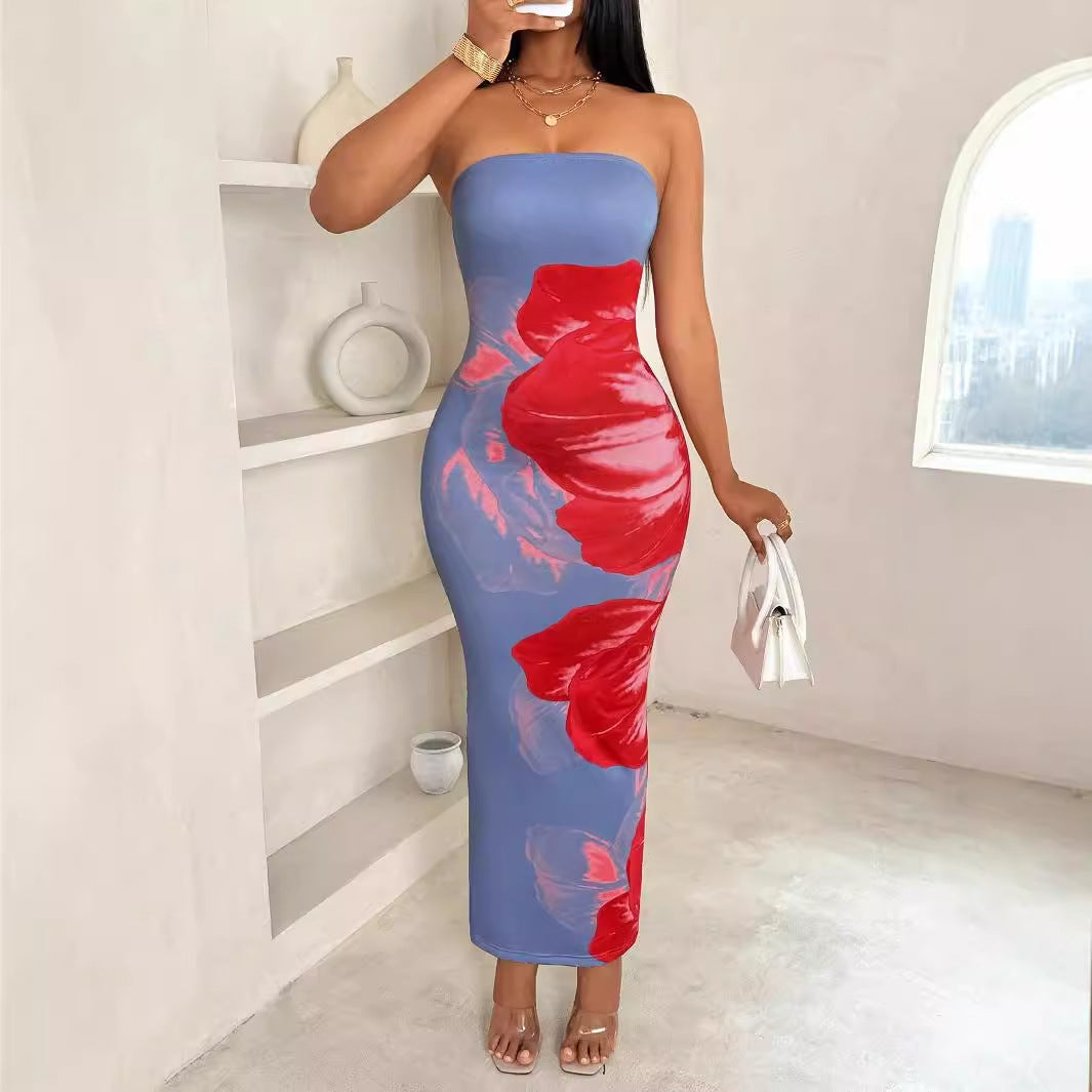 popular New new shein women's slim-fitting off-the-shoulder contrasting color flower printing elegant fashion dress