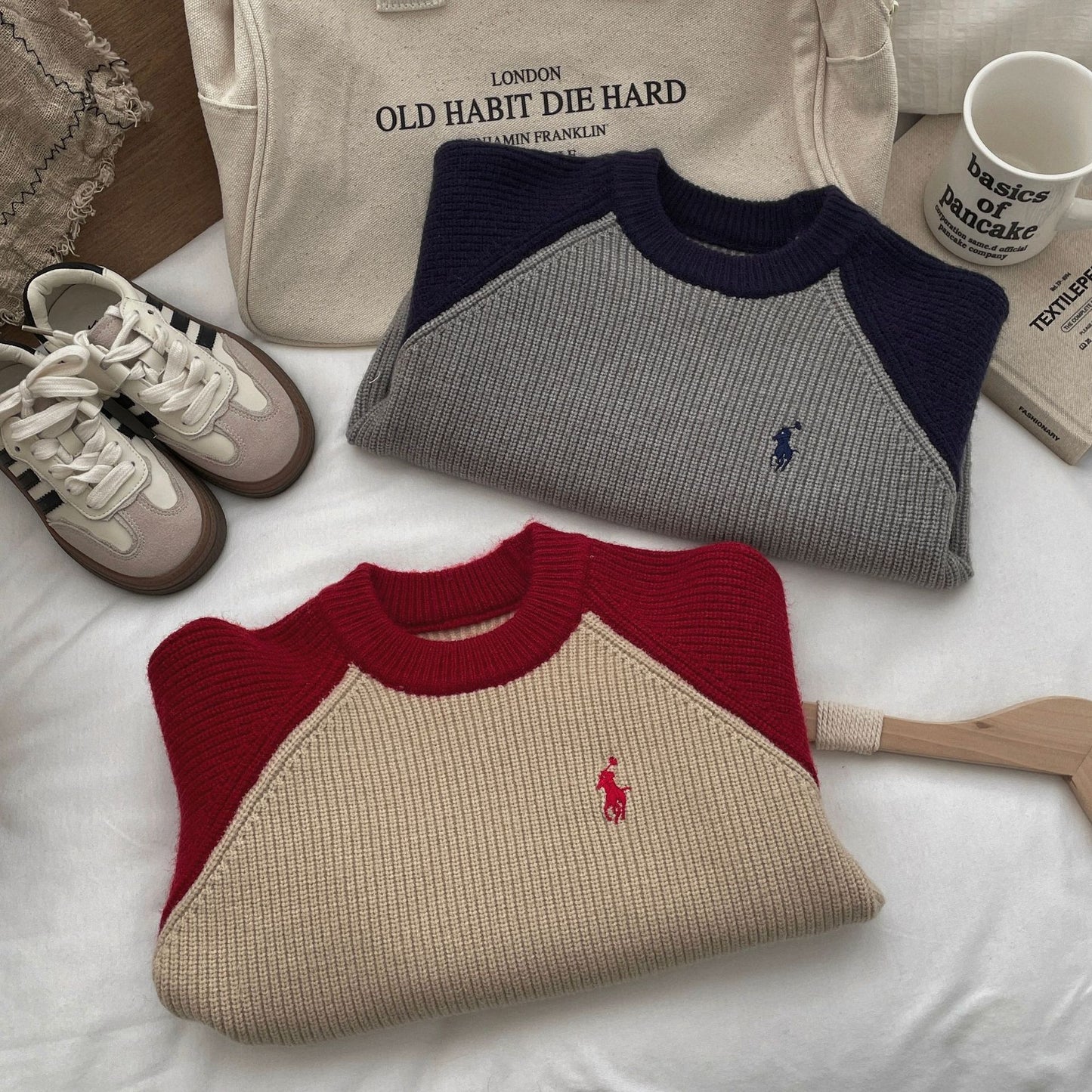 2025 autumn and winter new children's knitted sweaters boys and girls color matching crew neck sweater Korean version thickened pullover sweater tide