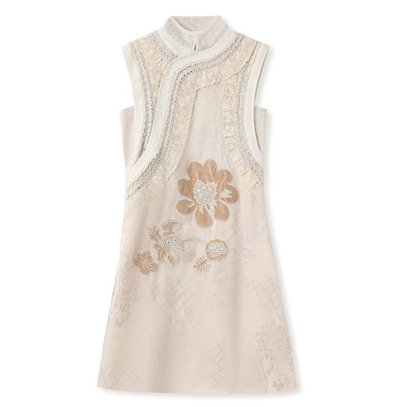 2025 Customized spring and summer new Chinese style light luxury stand-up collar embroidered sleeveless sequins loose vest dress set