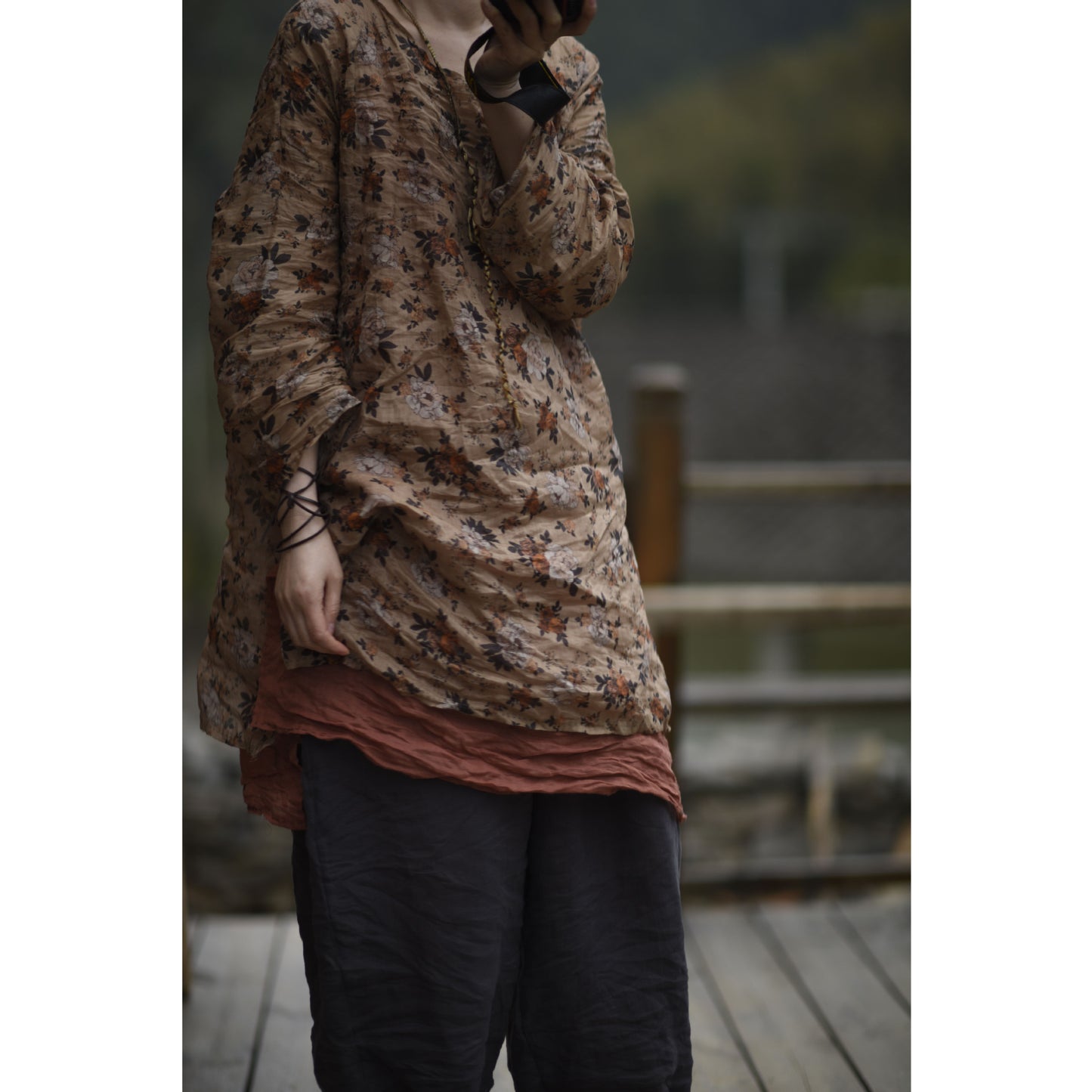 2025 23/4/Tea Ancient/Spring and Summer Literary Retro Ramie Printed Crew Neck Pullover Shoulder Medium Long Shirt