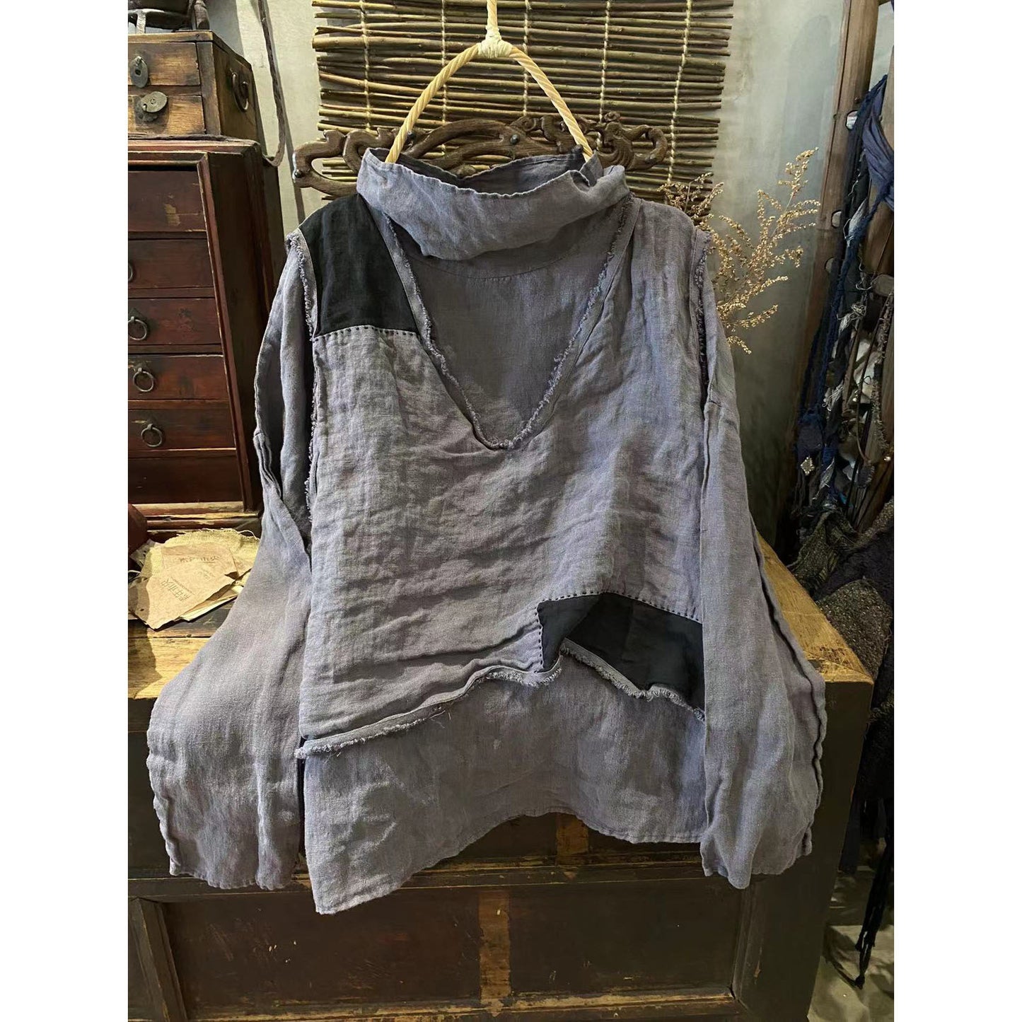 2025 22/8 Early Autumn Literary Retro Linen Loose Shoulder Bottom Turtleneck