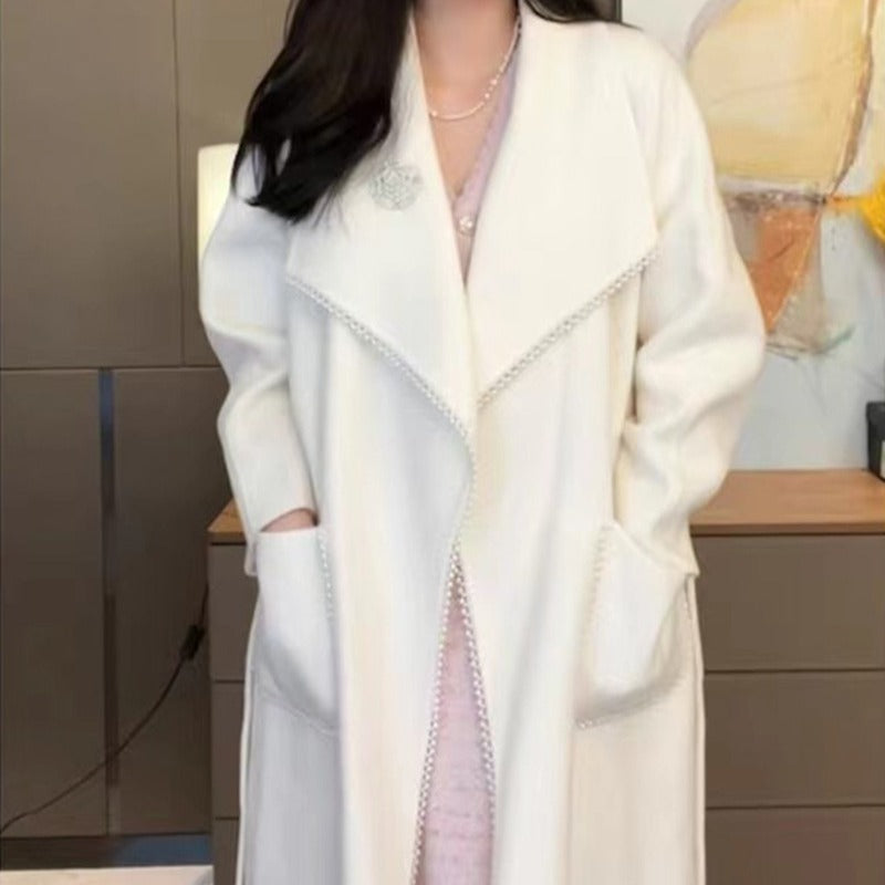 2025 Temperament design small fragrant wind bead trim decoration extended double-sided wool coat autumn and winter lace-up woolen