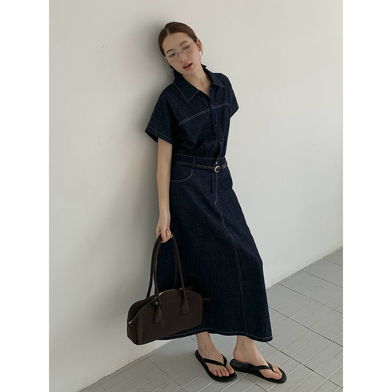 2025 THE MIND Denim Splicing Shirt Dress 2025 Summer New Waist Skinny Long Skirt 030AX