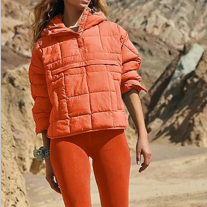 2023 Cross-border Autumn and Winter Solid Color Hooded Cotton Clothing Foldable Filled Pullover Pocket Long Sleeve Jacket Women