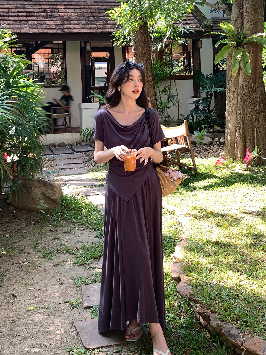 2025 spring and summer temperament knitted swing collar short sleeves + high waist skirt two-piece suit female 89261