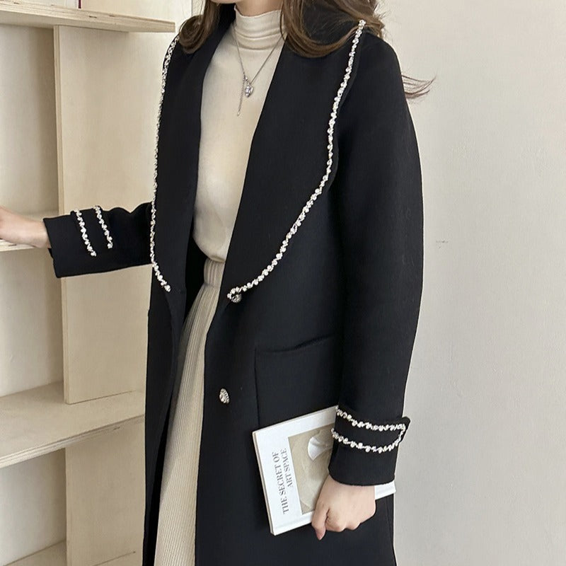 2025 Temperament design small fragrant wind bead trim decoration medium and long double-sided wool coat autumn and winter lace-up woolen