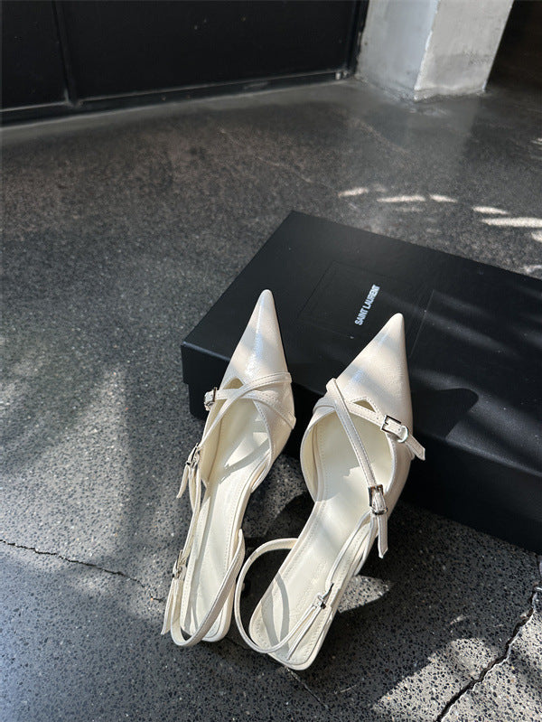 xiangtuibao Style Black Patent Leather High Heels Spring New European and American Elegant Socialite Closed Toe Back Empty Stiletto Sandals Women