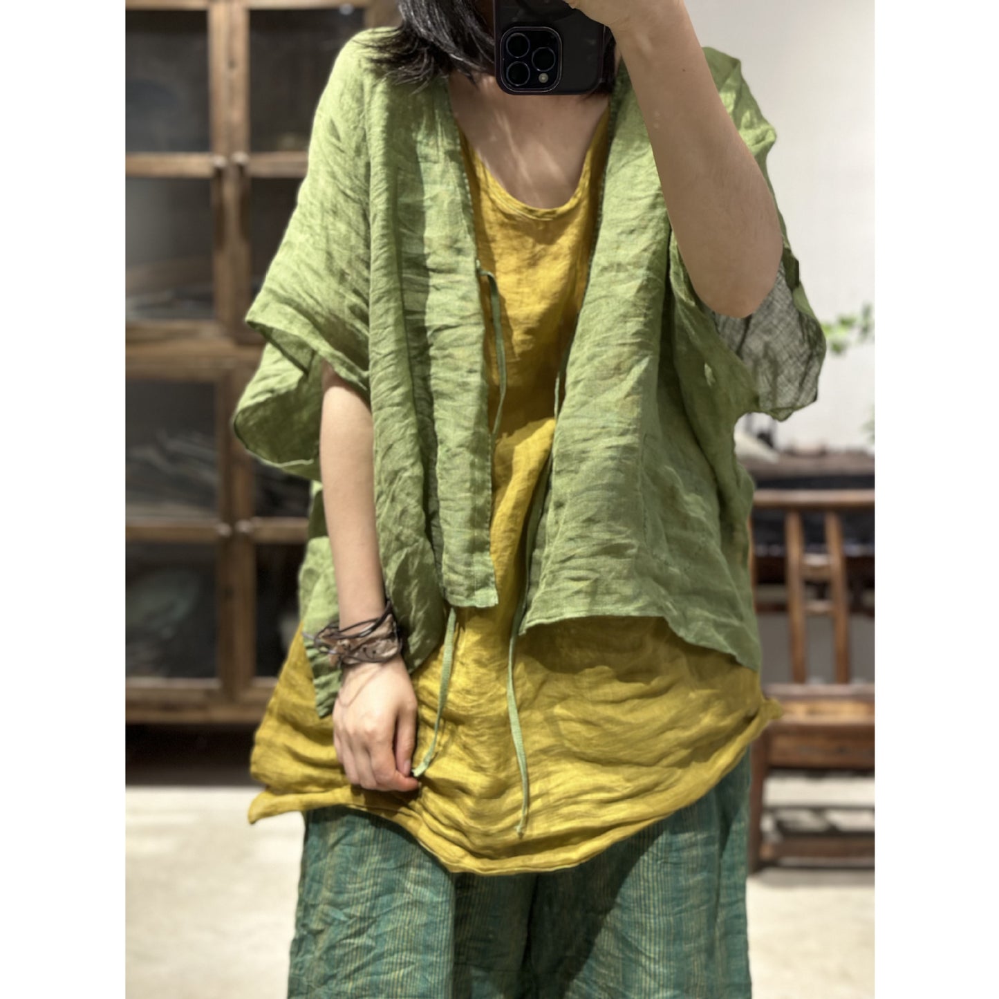 2025 23/4 small sticks, spring and summer literary and retro linen shoulder-length half-sleeved cardigan with straps