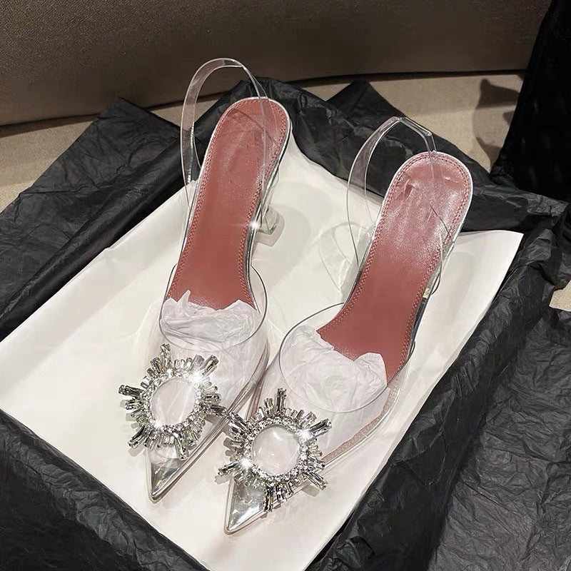 xiangtuibao Transparent Color Rhinestone Closed Toe Slingback Sandals Slip-on Crystal High Heels New Fairy Style High Heel Sandals for Women