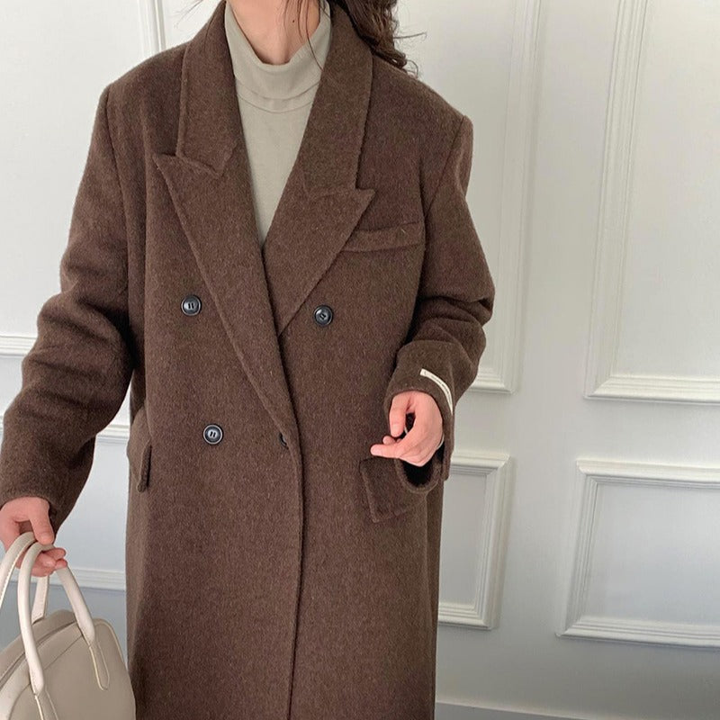 2025 Double-breasted flap Korean extended suit collar double-sided wool coat temperament popular autumn and winter woolen coat women