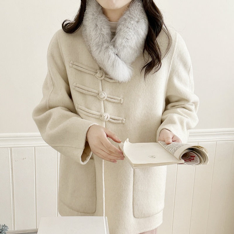2025 Fox hair can be removed from the new Chinese buckle diagonal buckle, double-sided wool jacket woolen coat women's new autumn and winter models