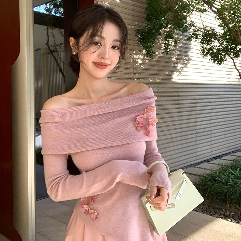 2025 spring new Korean version of flower temperament one-word neck wool knitted sweater women's top 25138