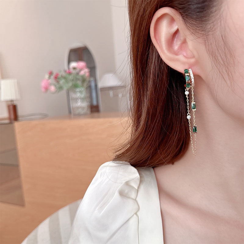 2025 Niche design sense retro earrings square zircon long temperament ear buckle tide unique gold chain fringed earrings