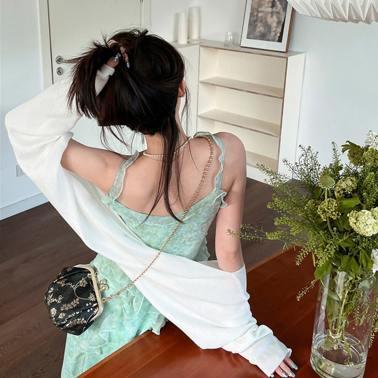 2025 Super fairy gentle green field rose floral dress travel skirt women's medium and long 2025 spring and summer new suspender dress