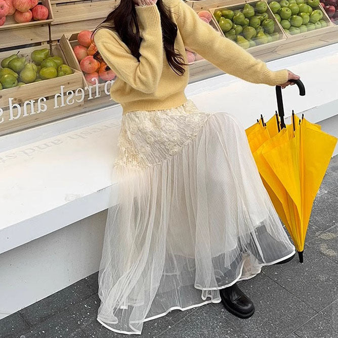 2025 Spring Temperament Muse Fan Gentle Wear Small Fragrant Style Yellow Sweater Mesh Dress Suit Women