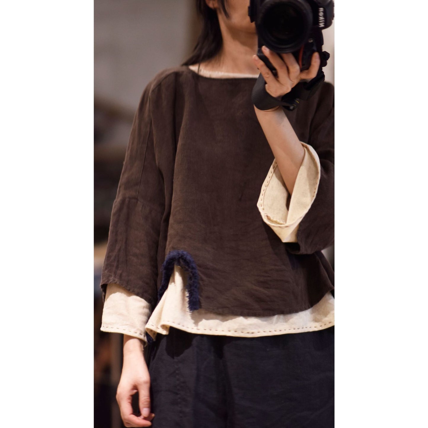 2025 22/8 Xiaohe, early autumn literary and retro linen round neck pullover shoulder seven-quarter sleeve short linen shirt