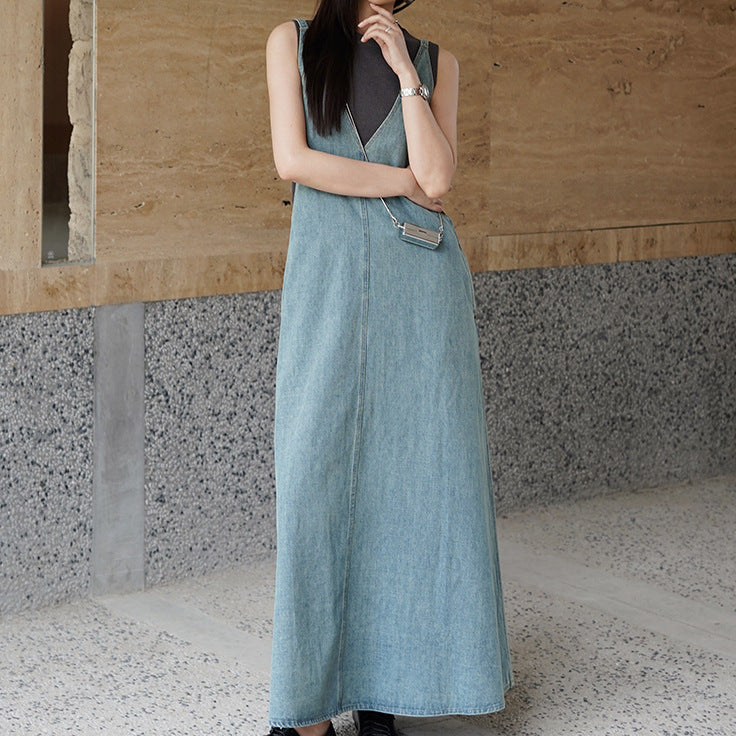 2025 summer new vacation V-neck sexy denim suspender dress adjustable skirt length backless white A-shaped skirt women