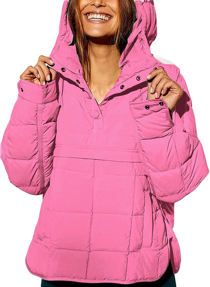 2023 Cross-border Autumn and Winter Solid Color Hooded Cotton Clothing Foldable Filled Pullover Pocket Long Sleeve Jacket Women