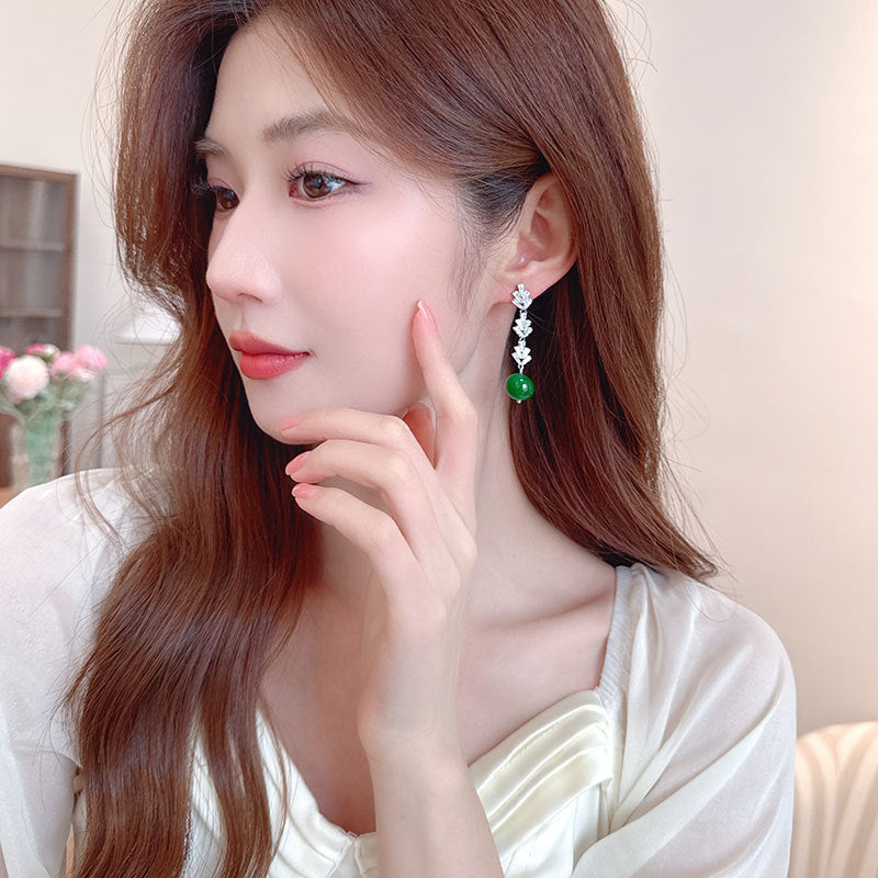 2025 Guofeng new Chinese retro green agate earrings long fringed zircon exquisite high-end light luxury S925 silver needle earrings