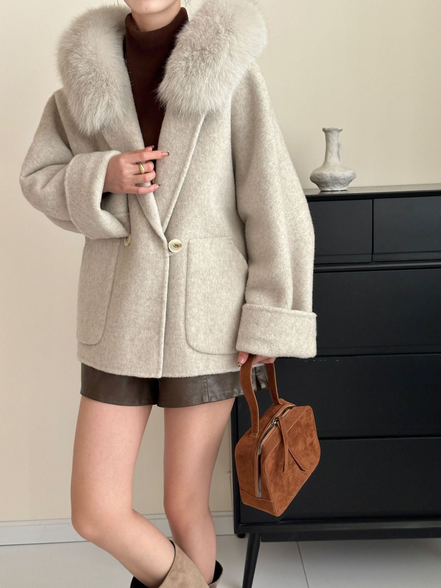 2025 Fox fur hooded large pocket double-breasted removable double-sided wool coat medium and long woolen coat women's autumn and winter