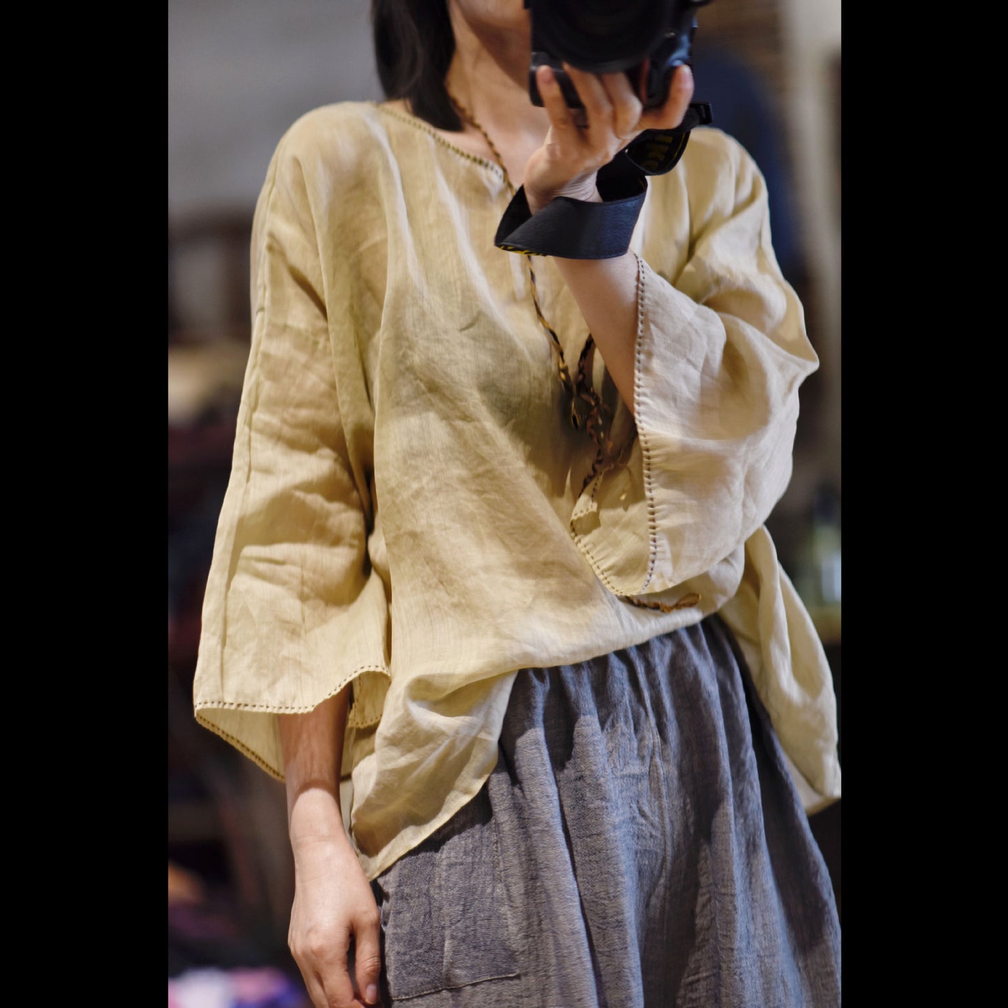 2025 22/6 small cigarettes, literary and casual high-count ramie light and breathable pullover, shoulder-length nine-quarter sleeve sunscreen short shirt