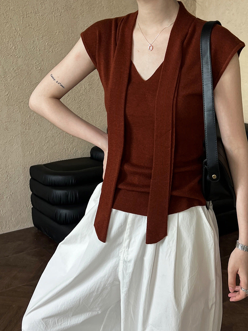 Luxi, Korean version of the design with shawl V-neck short-sleeved T-shirt knitted sweater women's popular autumn shirt top ss552