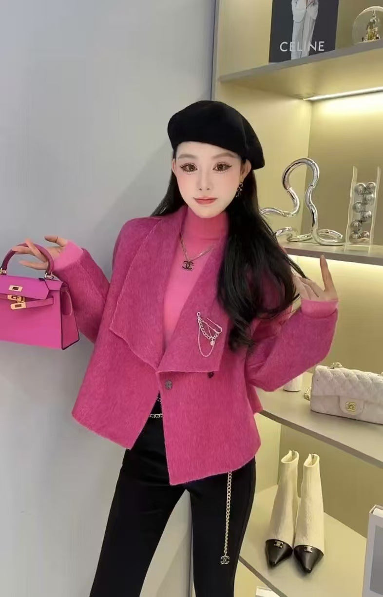 2025 Mulberry silk rabbit hair wool suit collar shoulder sleeve single-breasted double-sided wool coat woolen jacket to keep warm in autumn and winter