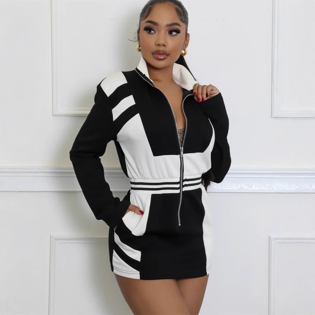 New Popular trade new contrasting colors casual fashion sports style stand-up collar zipper long sleeve waist short skirt dress