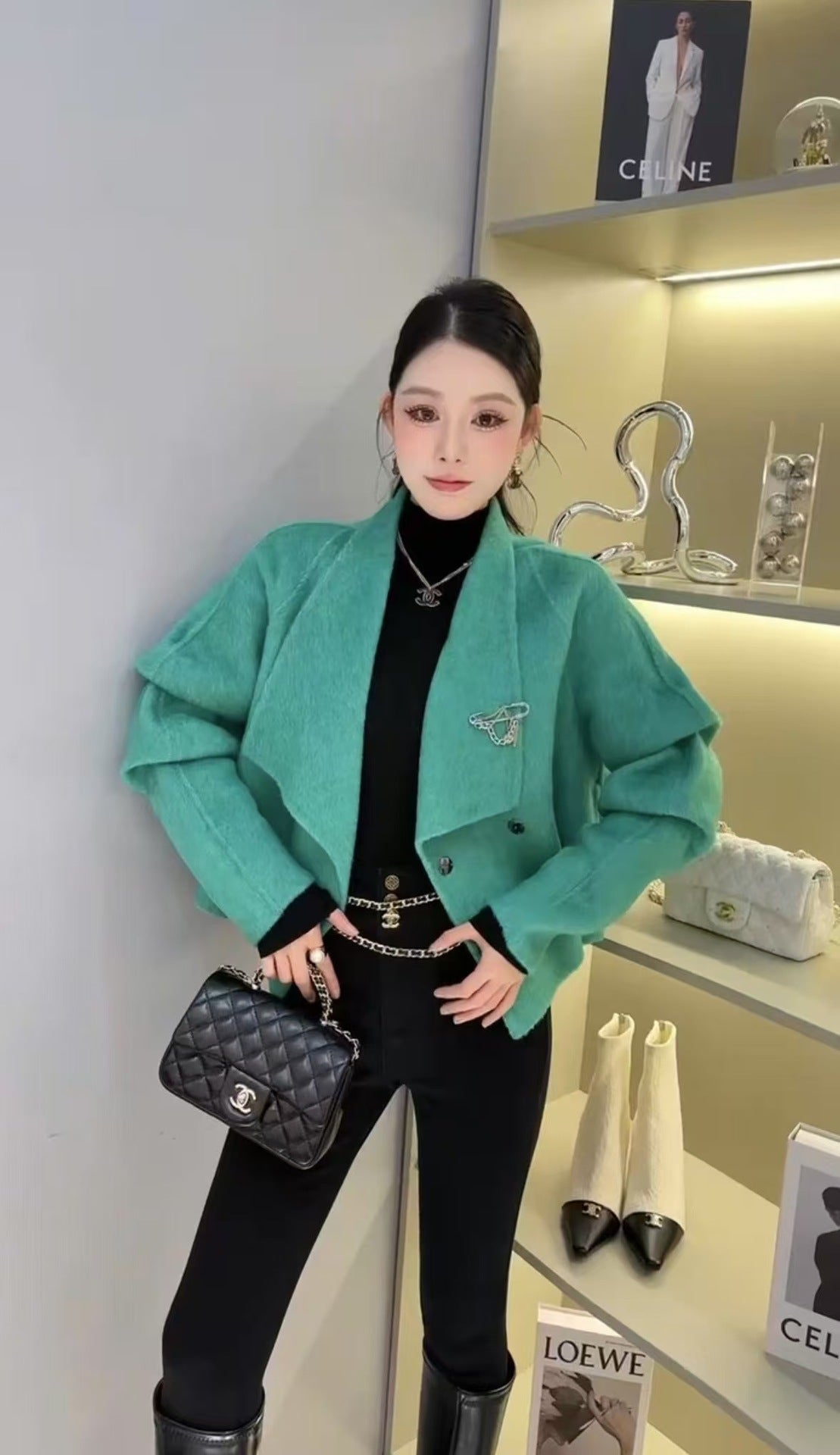 2025 Mulberry silk rabbit hair wool suit collar shoulder sleeve single-breasted double-sided wool coat woolen jacket to keep warm in autumn and winter