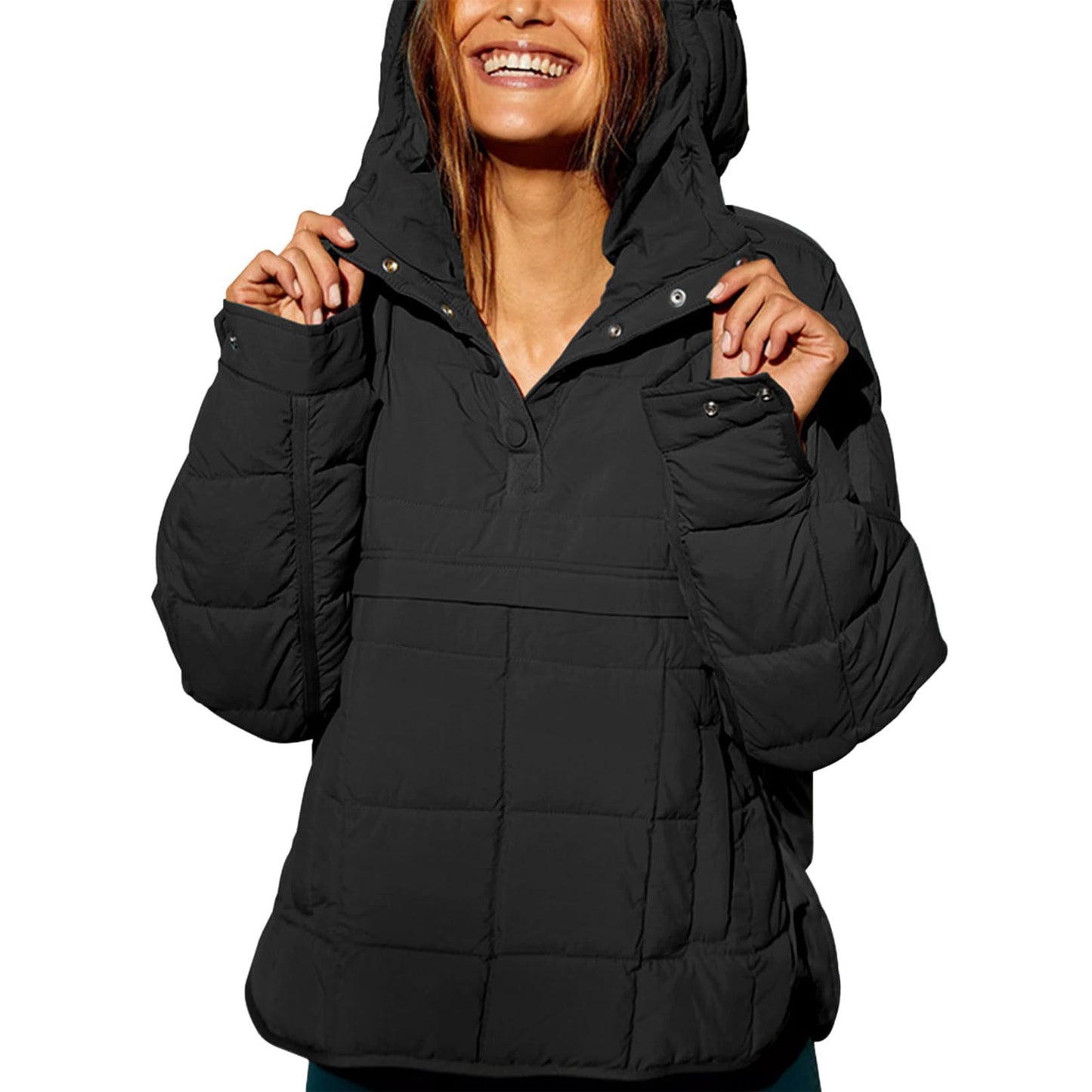 2023 Cross-border Autumn and Winter Solid Color Hooded Cotton Clothing Foldable Filled Pullover Pocket Long Sleeve Jacket Women