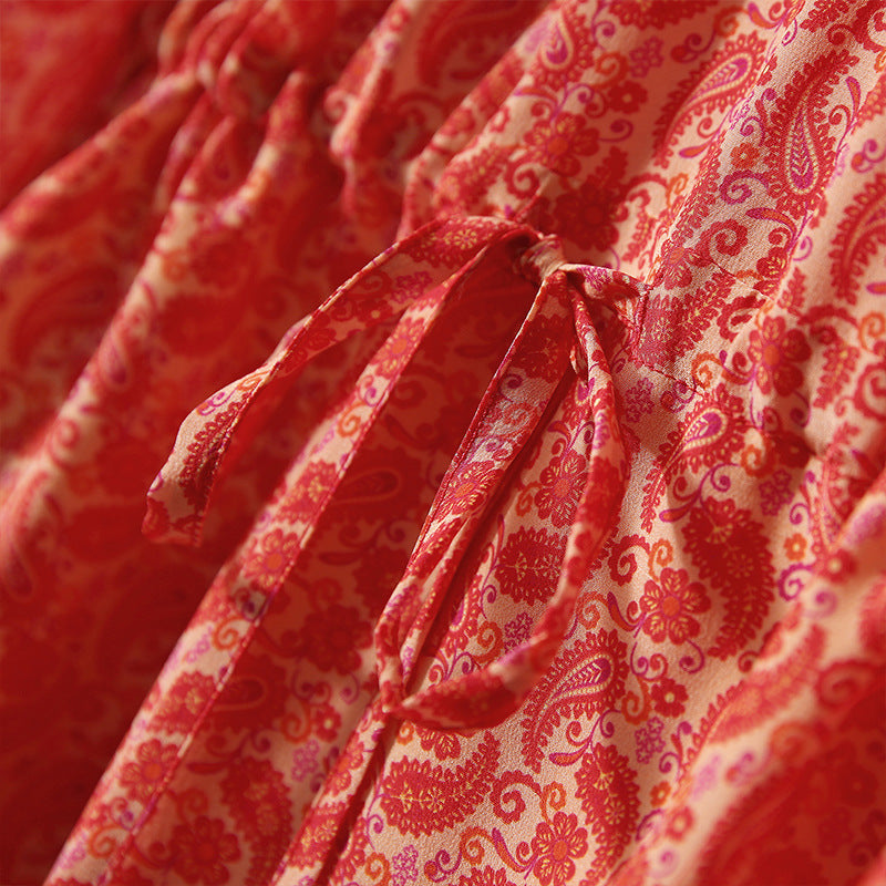2025 Fungus edge small stand-up collar silk dress printed heavy mulberry silk red skirt new women's clothing medium and long