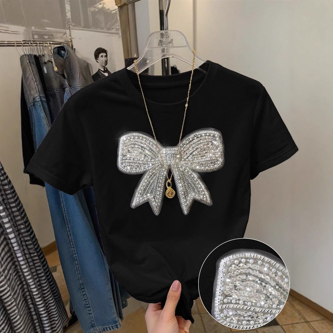summer new women's clothing New Popular trade fashion casual commuting loose round neck bow printed T-shirt short